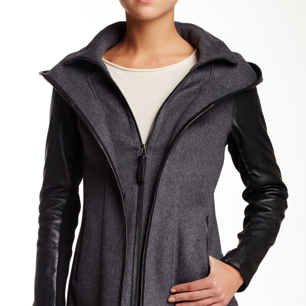 Mackage  Edith Grey Hooded Leather Sleeve Scuba Wool Blend Coat